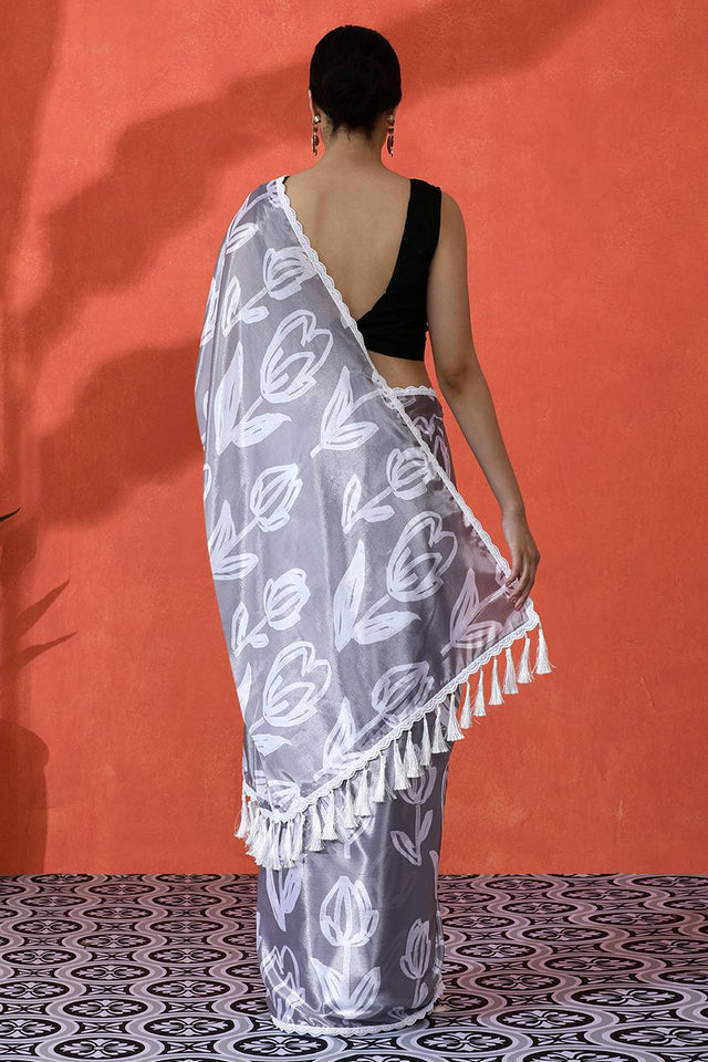 Grey Floral Printed Chinon Saree