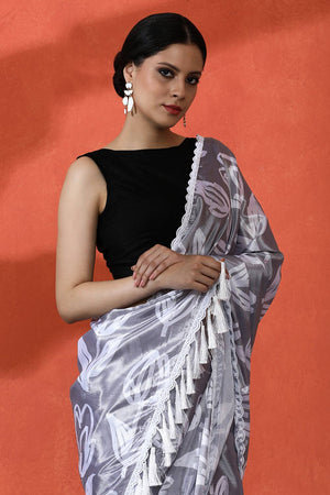 Grey Floral Printed Chinon Saree