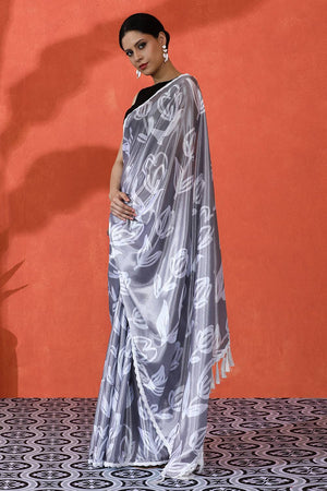 Grey Floral Printed Chinon Saree