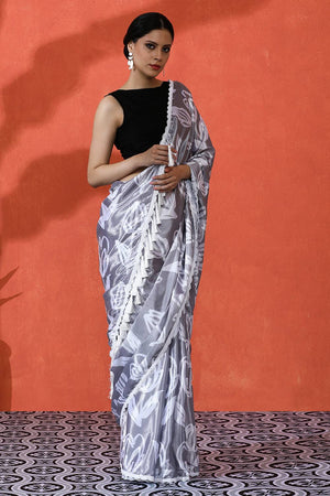 Grey Floral Printed Chinon Saree