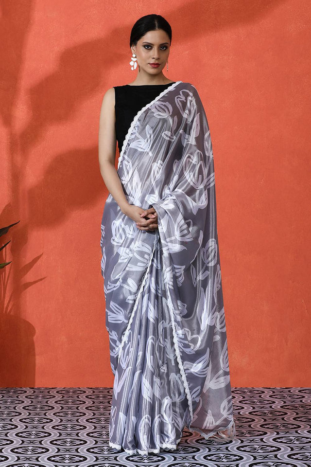 Grey Floral Printed Chinon Saree