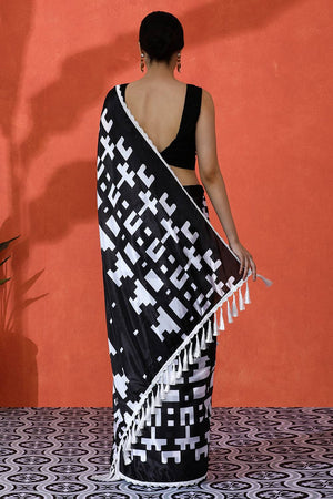 Black Floral Printed Chinon Saree