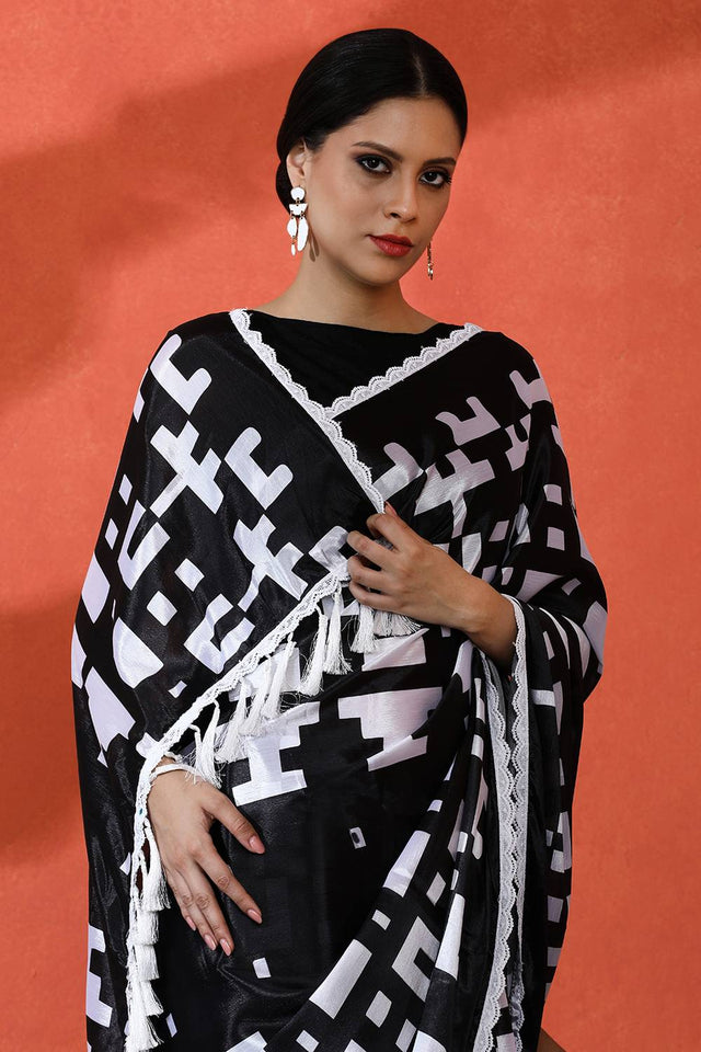 Black Floral Printed Chinon Saree