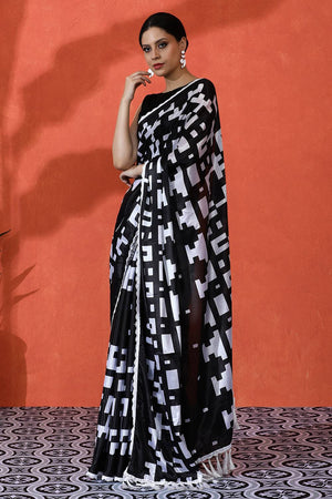 Black Floral Printed Chinon Saree