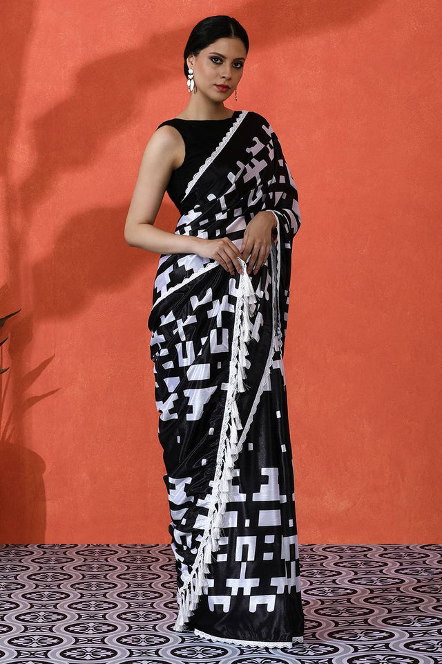 Black Floral Printed Chinon Saree