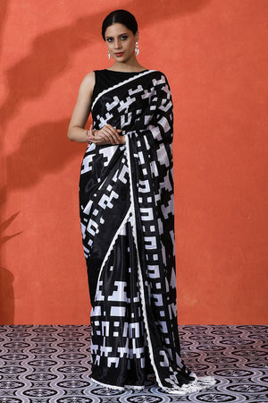 Black Floral Printed Chinon Saree