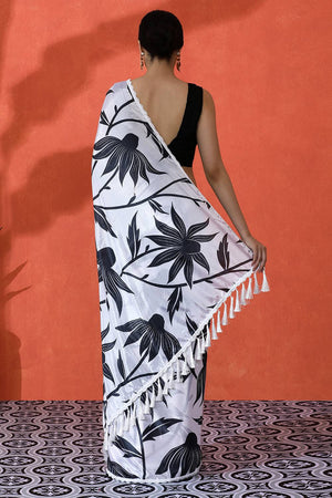 Off White Printed Chinon Saree