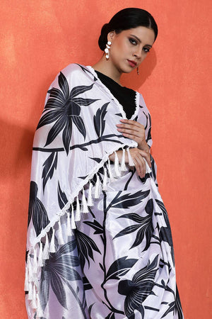 Off White Printed Chinon Saree