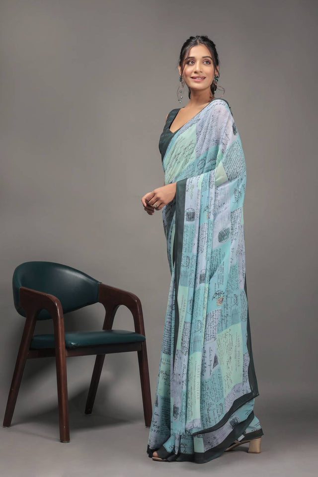 Green Printed Georgette Saree