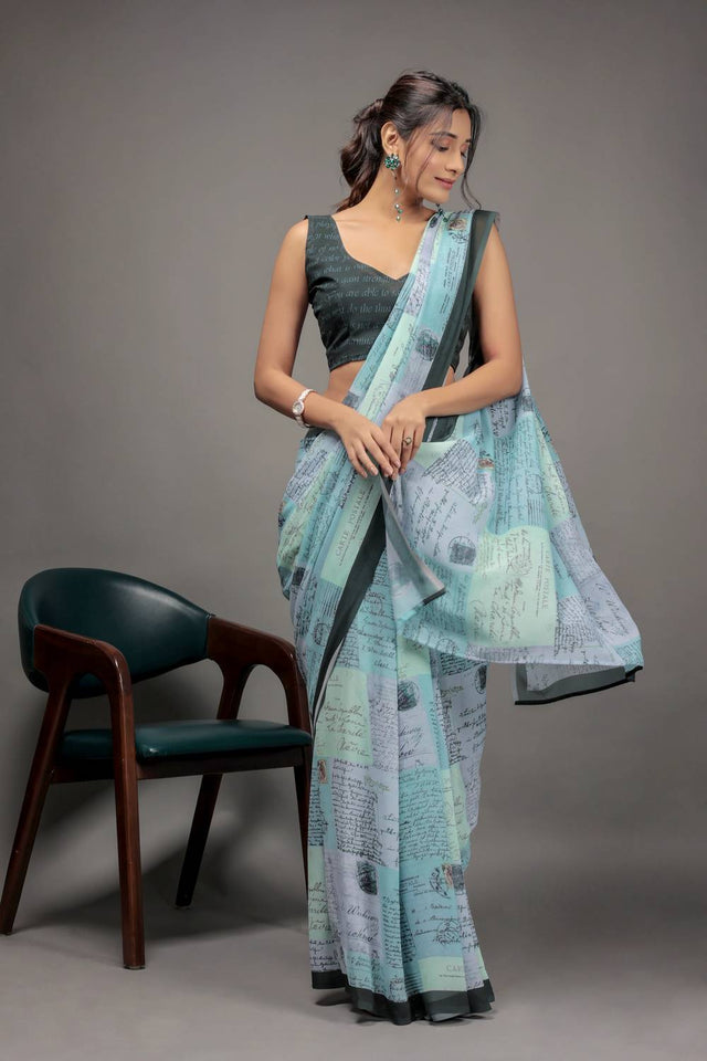 Green Printed Georgette Saree