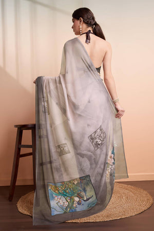 Grey Animal Printed Georgette Saree