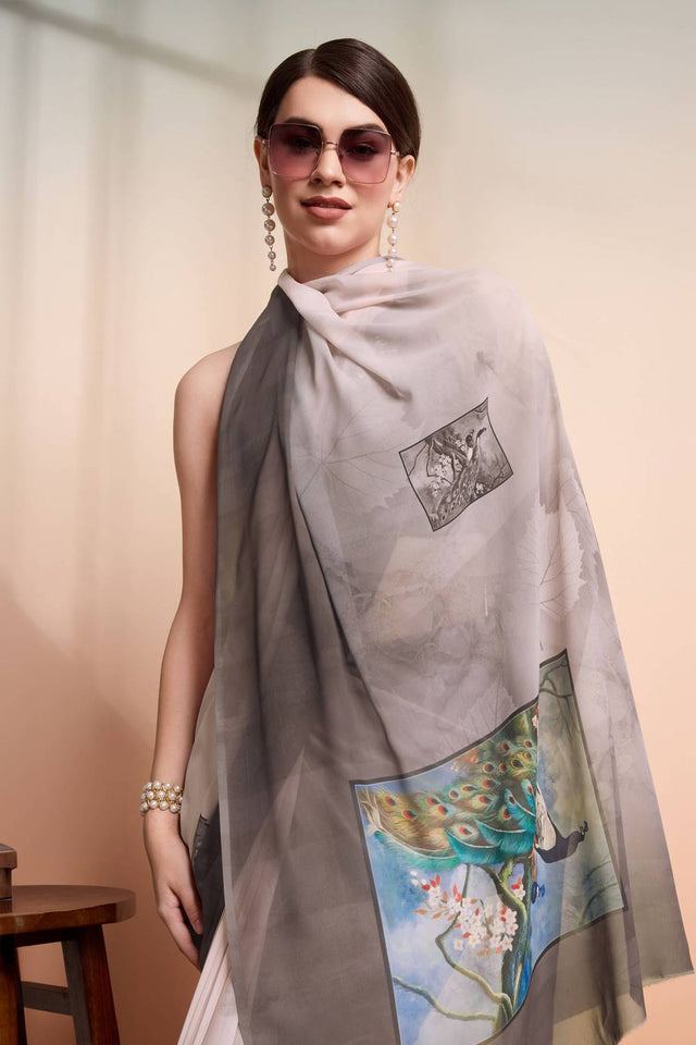 Grey Animal Printed Georgette Saree