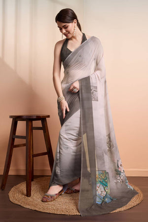 Grey Animal Printed Georgette Saree
