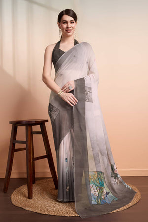 Grey Animal Printed Georgette Saree