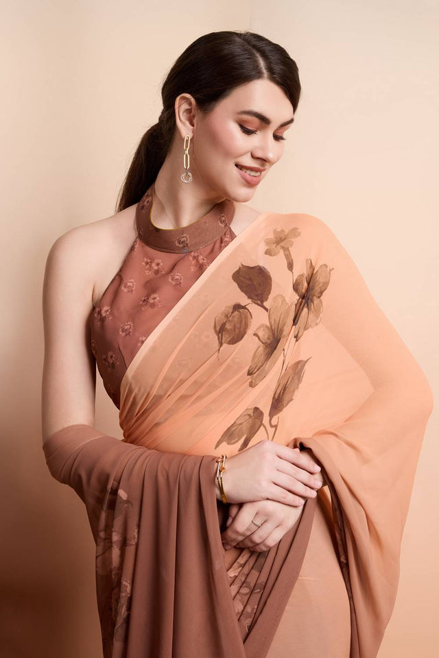 Brown Floral Printed Georgette Saree