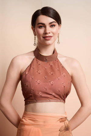 Brown Floral Printed Georgette Saree