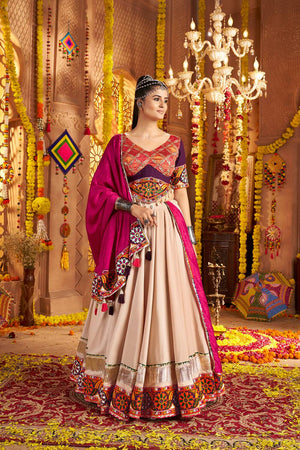 Beige Embroidered Rayon Lehenga