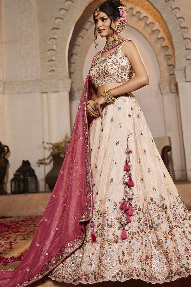 Cream Heavy Embroidered Tissue Lehenga