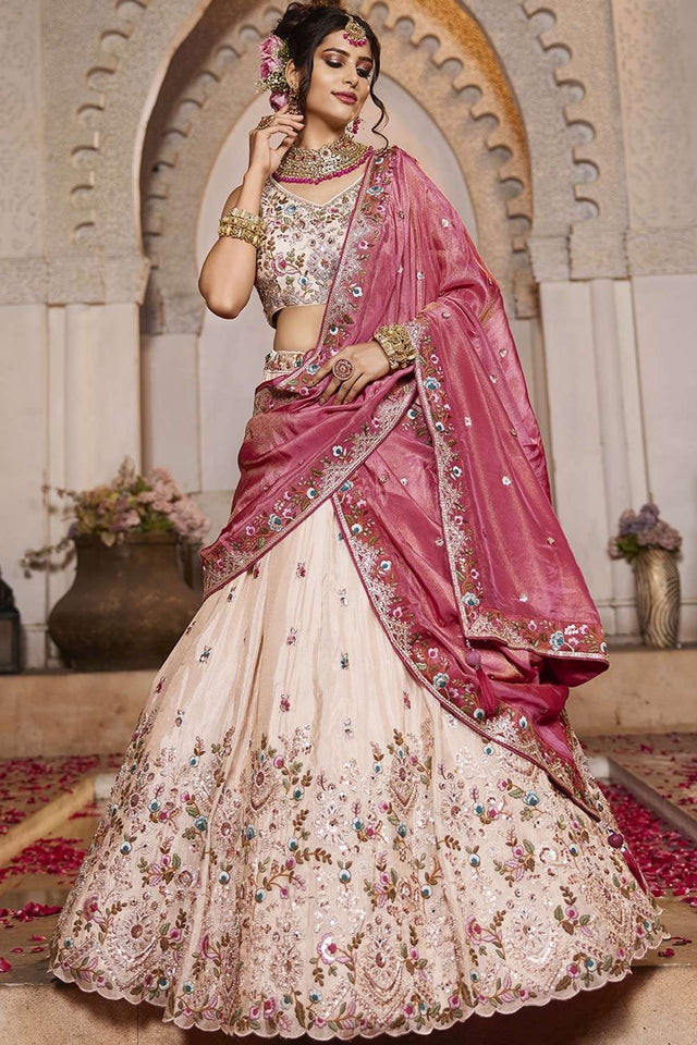 Cream Heavy Embroidered Tissue Lehenga