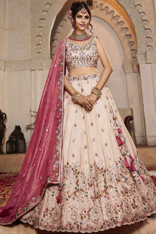 Cream Heavy Embroidered Tissue Lehenga