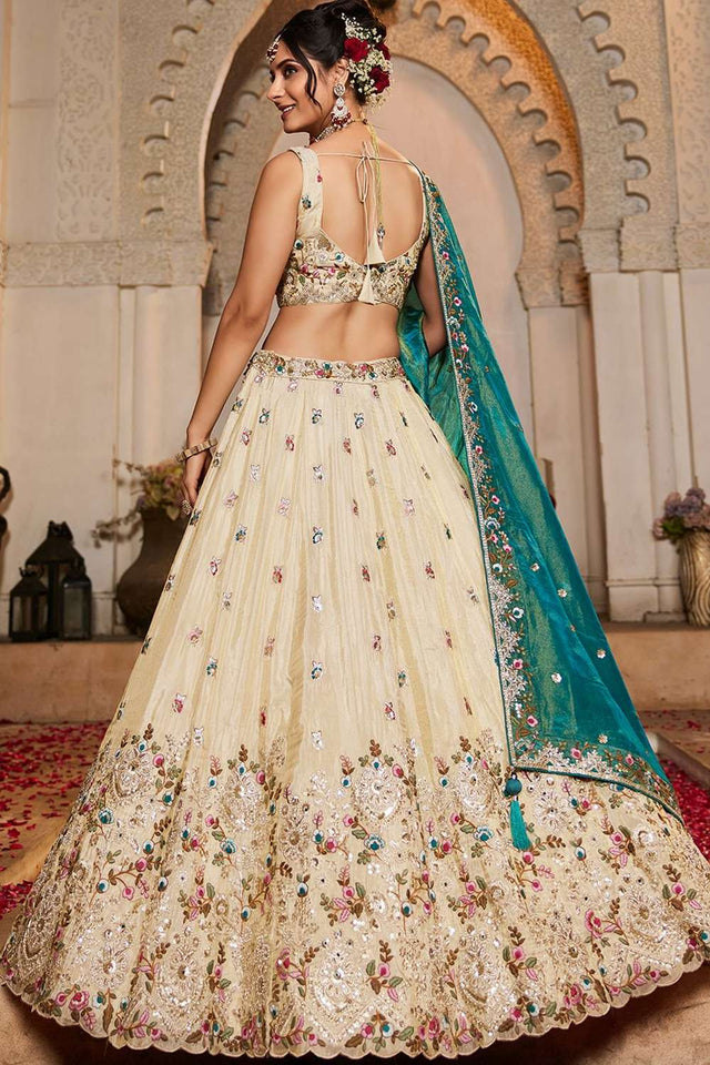 Cream Heavy Embroidered Tissue Lehenga