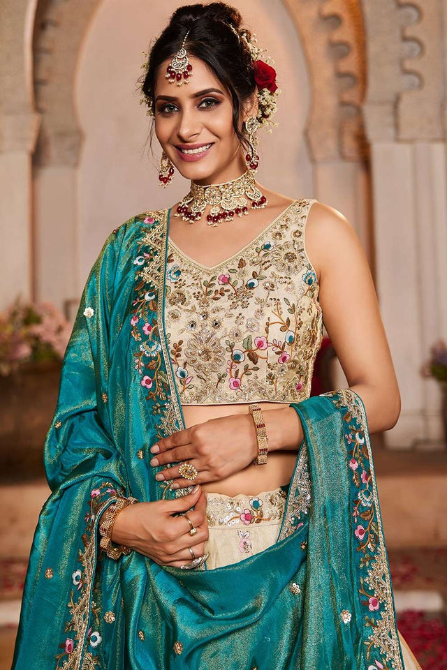 Cream Heavy Embroidered Tissue Lehenga