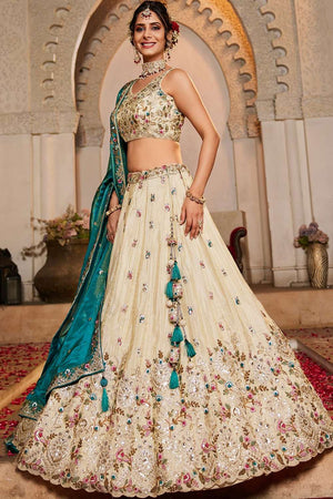 Cream Heavy Embroidered Tissue Lehenga