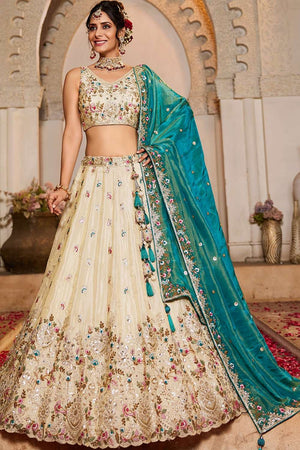 Cream Heavy Embroidered Tissue Lehenga