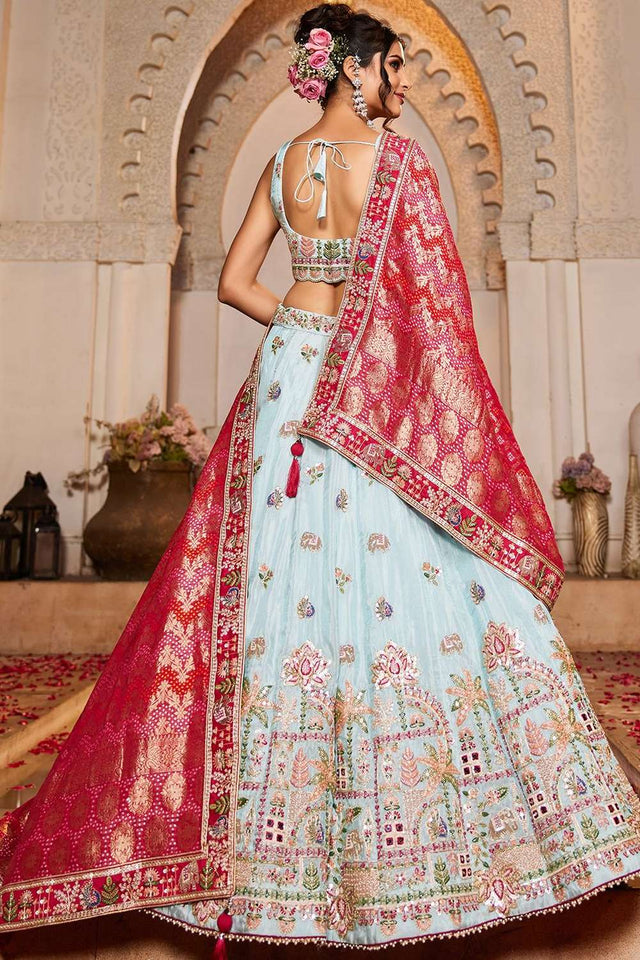 Blue Heavy Embroidered Tissue Lehenga