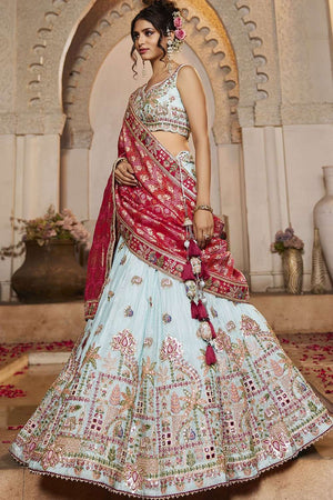 Blue Heavy Embroidered Tissue Lehenga