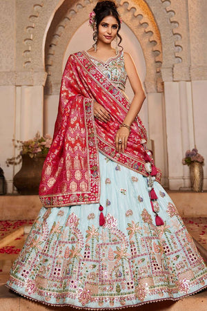 Blue Heavy Embroidered Tissue Lehenga