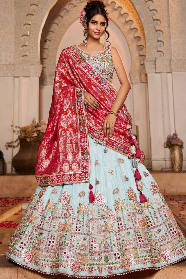 Blue Heavy Embroidered Tissue Lehenga