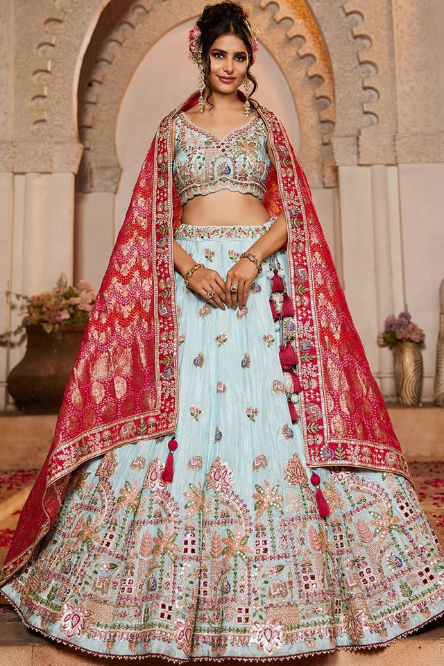 Blue Heavy Embroidered Tissue Lehenga