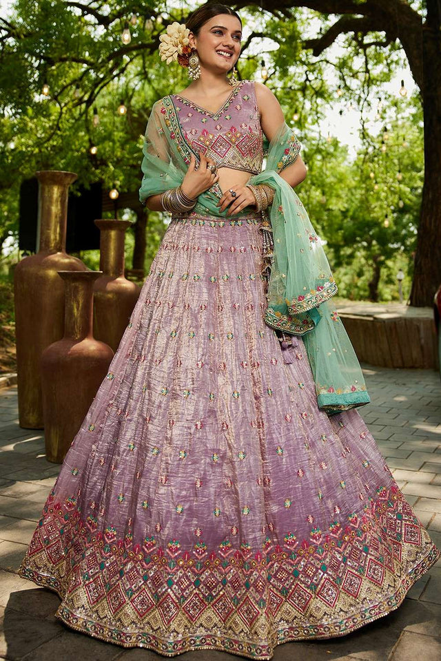 Lavender Heavy Embroidered Tissue Lehenga