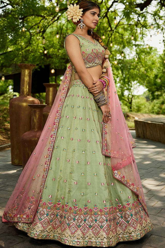 Green Heavy Embroidered Tissue Lehenga (ACZ8934)