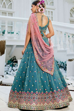 Turquoise Heavy Embroidered Tissue Lehenga