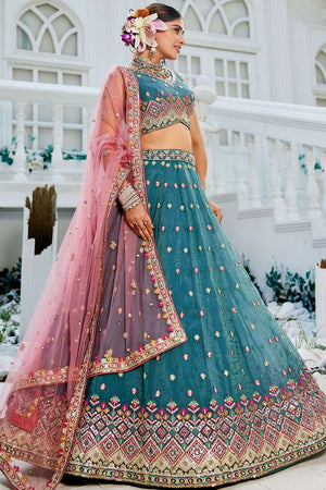 Turquoise Heavy Embroidered Tissue Lehenga