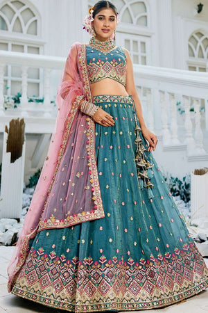 Turquoise Heavy Embroidered Tissue Lehenga
