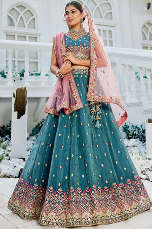 Turquoise Heavy Embroidered Tissue Lehenga