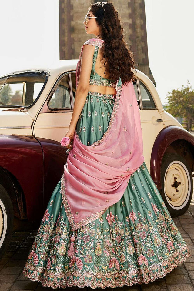 Green Heavy Embroidered Georgette Lehenga (ACZ8938)