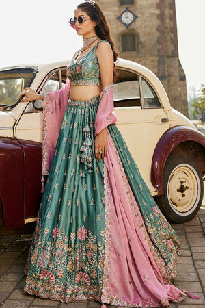 Green Heavy Embroidered Georgette Lehenga (ACZ8938)