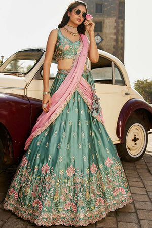 Green Heavy Embroidered Georgette Lehenga (ACZ8938)