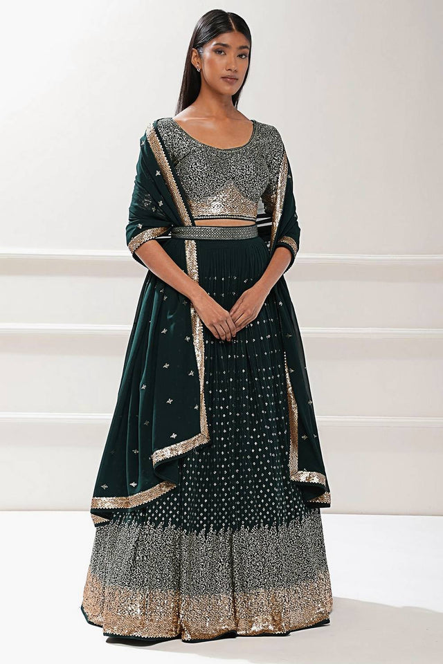 Green Sequin Georgette Lehenga