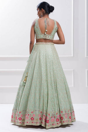 Green Embroidered Georgette Lehenga