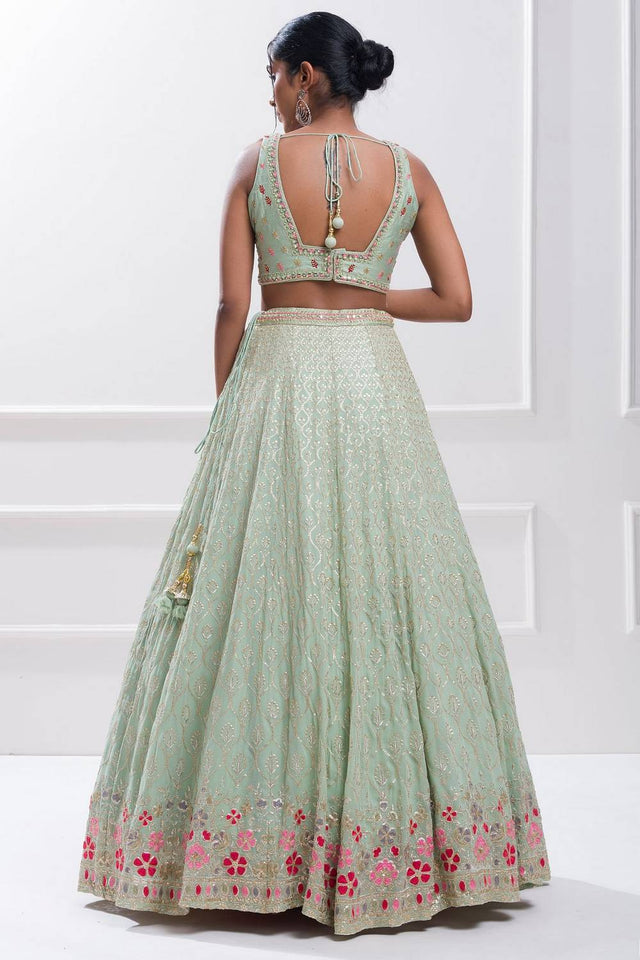 Green Embroidered Georgette Lehenga