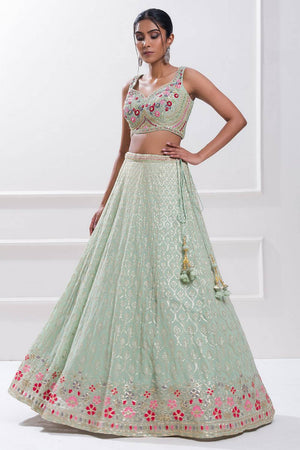 Green Embroidered Georgette Lehenga