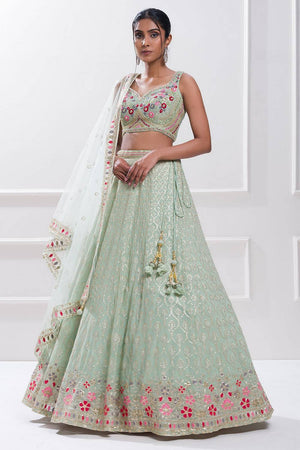 Green Embroidered Georgette Lehenga