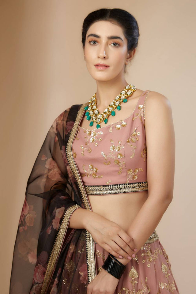 Pink Embroidered Georgette Lehenga