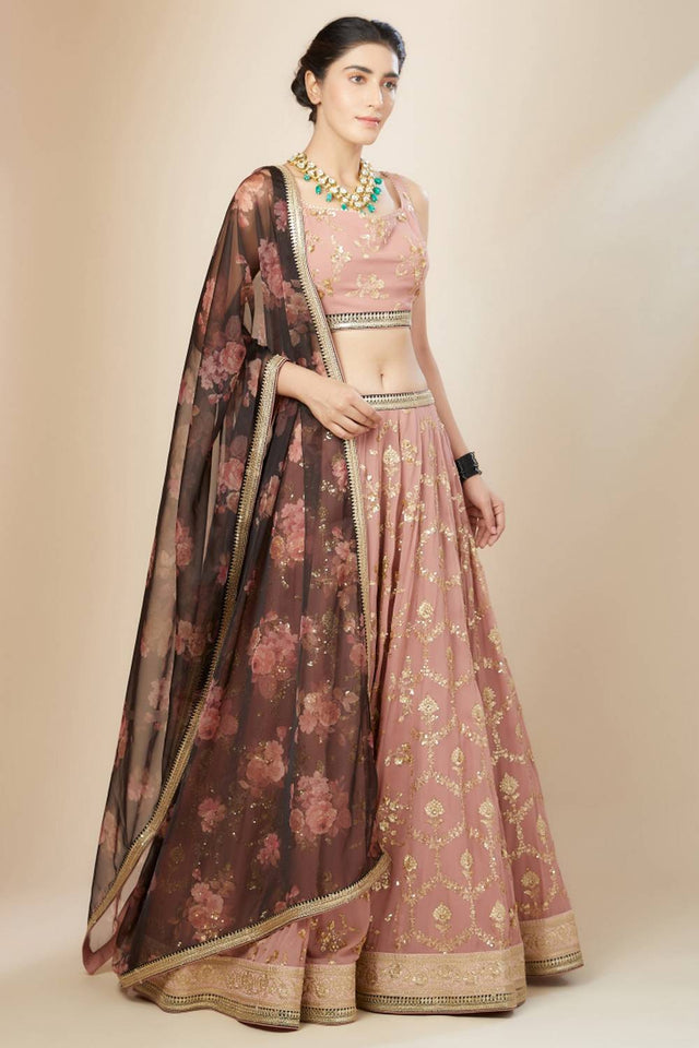 Pink Embroidered Georgette Lehenga
