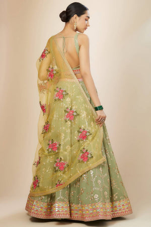 Green Embroidered Georgette Lehenga
